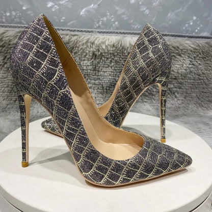 Green Glitter Embossed Crocodile Effect Pointy Toe High Heel Party Dress Shoes for Women