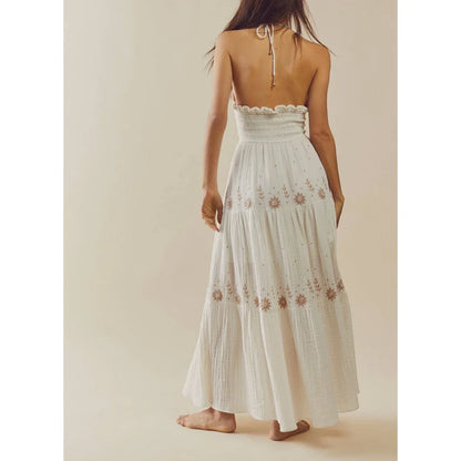Embroidered Halter Smocked Vacation Dress