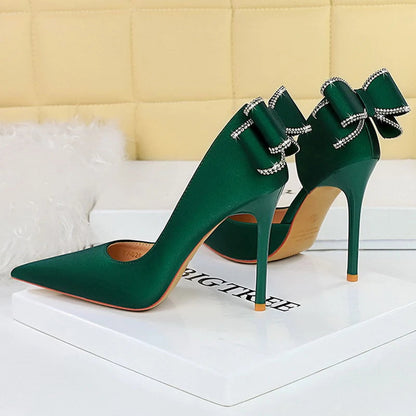 Rhinestone Back Bowknot High Heels Women Pumps in Silks and Satins