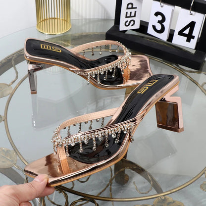 Rhinestone chain clip toe sandals with thick sole