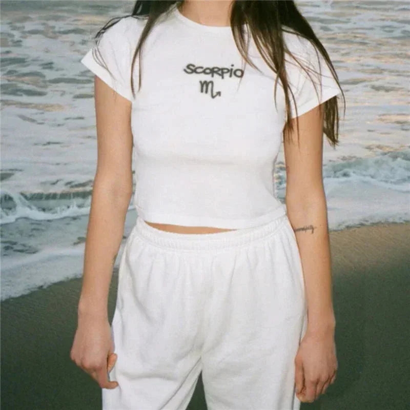 Zodiac Ribbed Cropped Cap Sleeve T-shirt