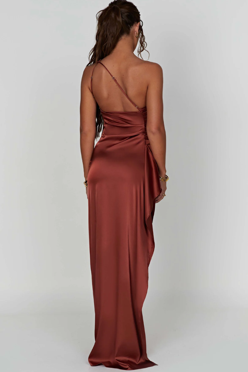 | Satin Drape One Shoulder Evening Gown