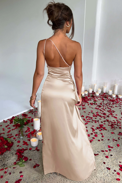 | Satin Drape One Shoulder Evening Gown