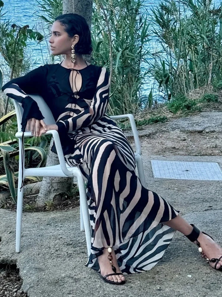 Print Zebra Striped Patchwork Long Sleeves Maxi Dress