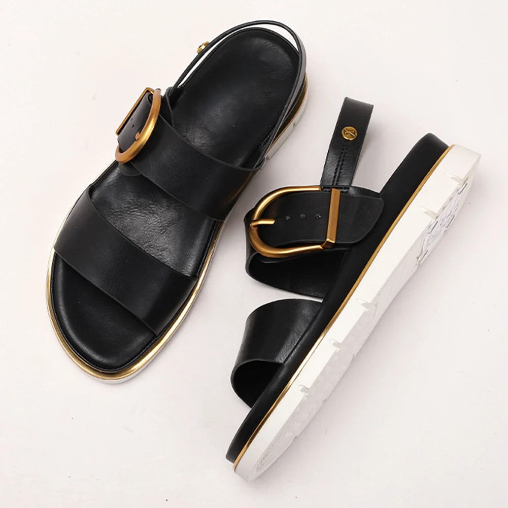 | Gold-Buckle Strap Sandals