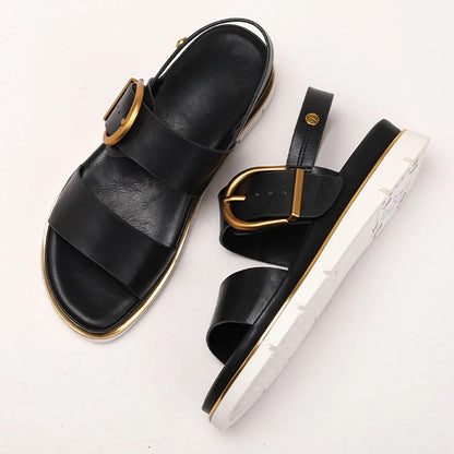 | Gold-Buckle Strap Sandals