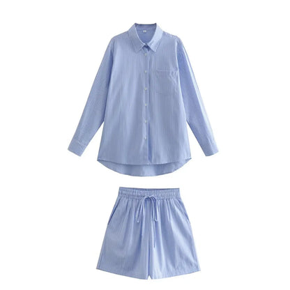 Drawstring Short Pants Sets 2024 New Summer Long Sleeve Pocket Irregular Blouse+Shorts Outfits Streetwear Casual Two-piece Set