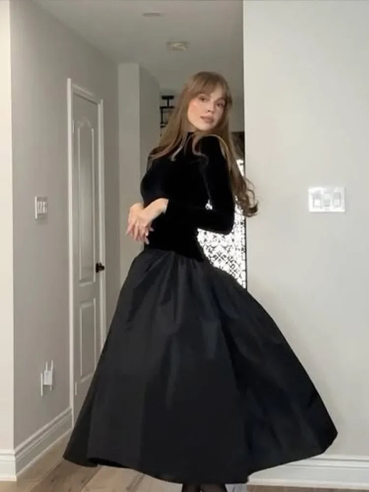 Mock Neck Long Sleeve Velvet Bodice Bubble Hem Midi Dress