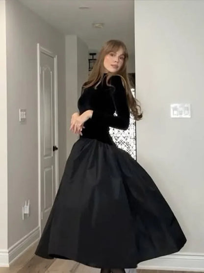 Mock Neck Long Sleeve Velvet Bodice Bubble Hem Midi Dress