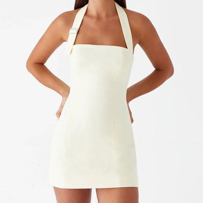 Solid Color Buckle Halter Bodycon Dress