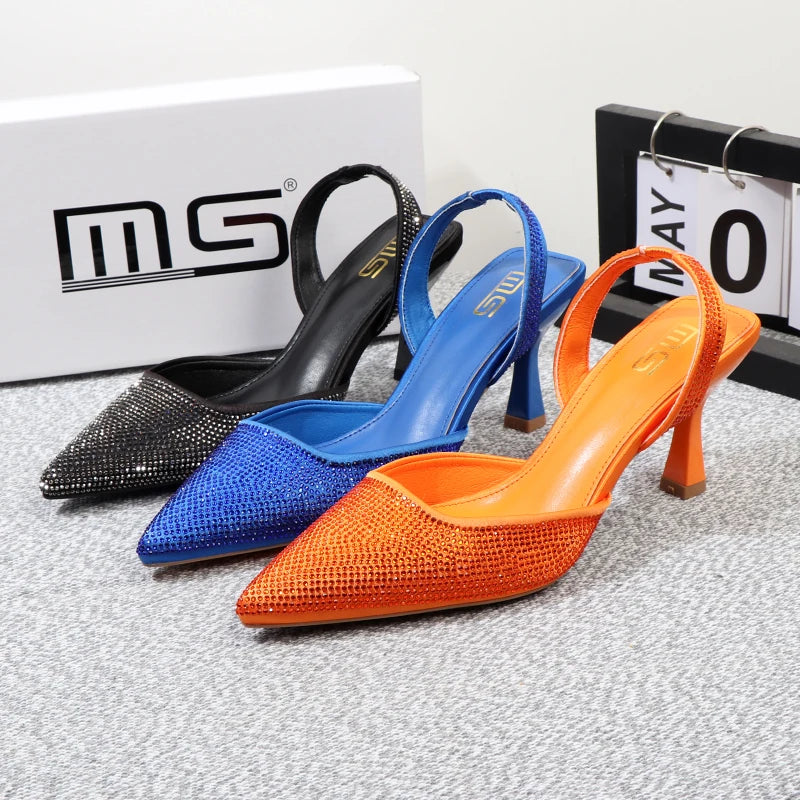Summer stiletto sandals with pointed rhinestones and 8CM heels