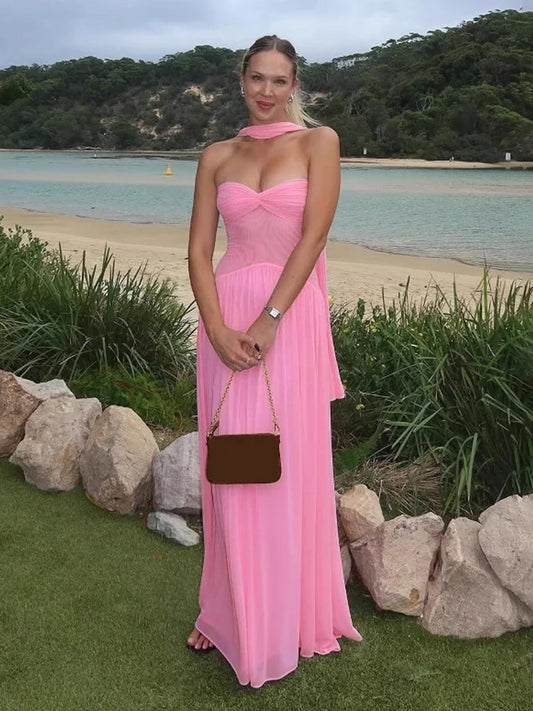 Strapless Mesh Ribbon One-Shoulder Maxi Dress