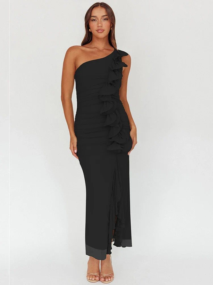 One Shoulder Draped Ruffle Bodycon Dress