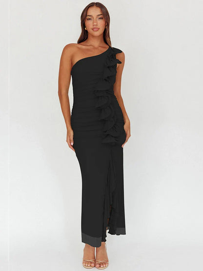 One Shoulder Draped Ruffle Bodycon Dress