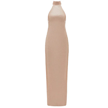 High neck bead wrapped hip skirt slit sequin dress