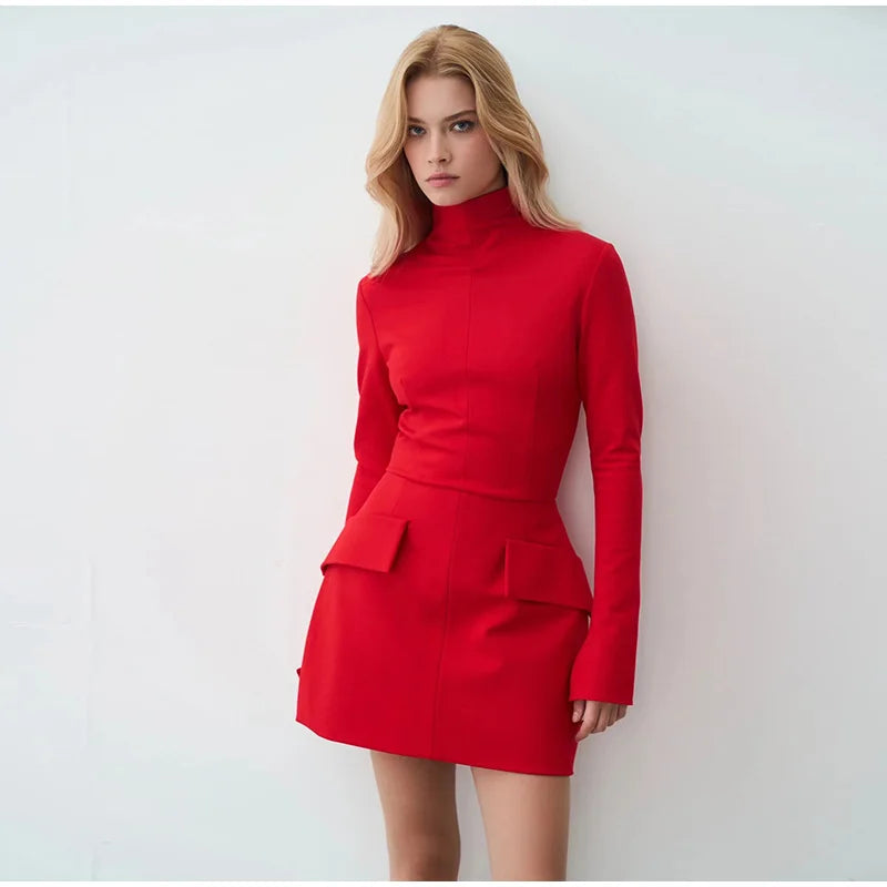 Mock Neck Padded Shoulder Hip Flap Bodycon Mini Dress