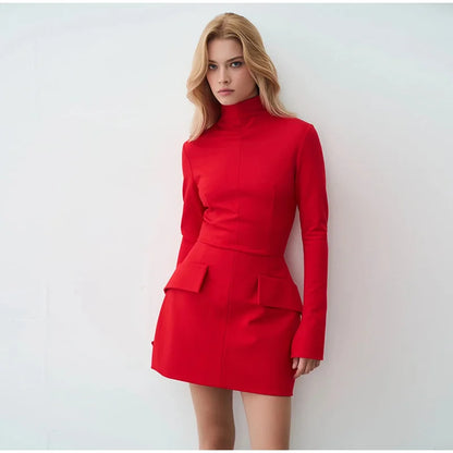 Mock Neck Padded Shoulder Hip Flap Bodycon Mini Dress