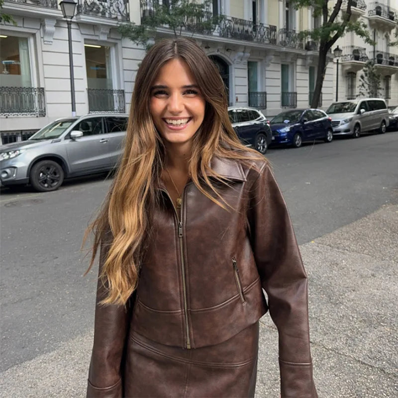 Retro Brown Leather Women's Jacket Skirt Set Fashion Turndown Collar Zipper Long Sleeve Jackets Casual Vintage Short Skirts Sets