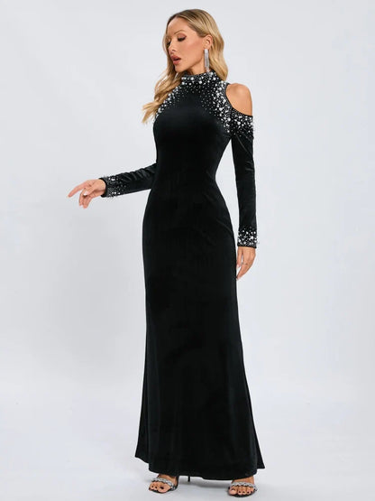 Long Sleeve Black Velvet Pearl Maxi Dress