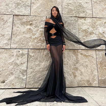 Off The Shoulder Mesh Folded Scarf Maxi Dress
