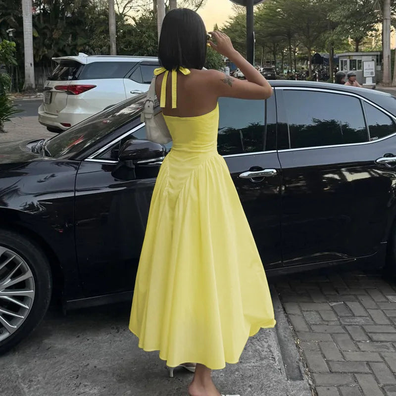 Deep V Neck Halter Pleated Prom Dress