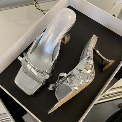 Sequined Square Toe Women Slippers with Butterfly-knot High Heels