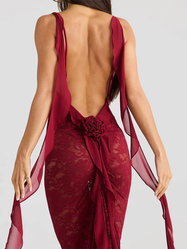 | Backless Lace Mermaid Gown with Chiffon Streamers