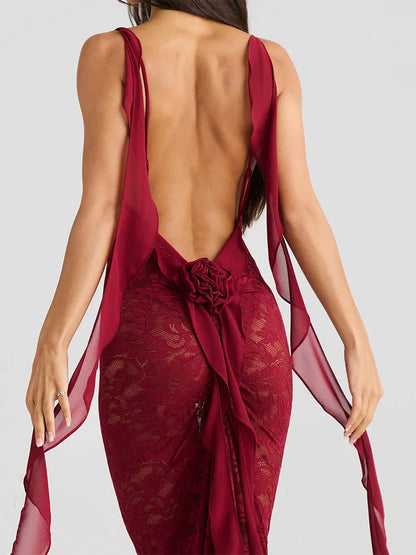 | Backless Lace Mermaid Gown with Chiffon Streamers