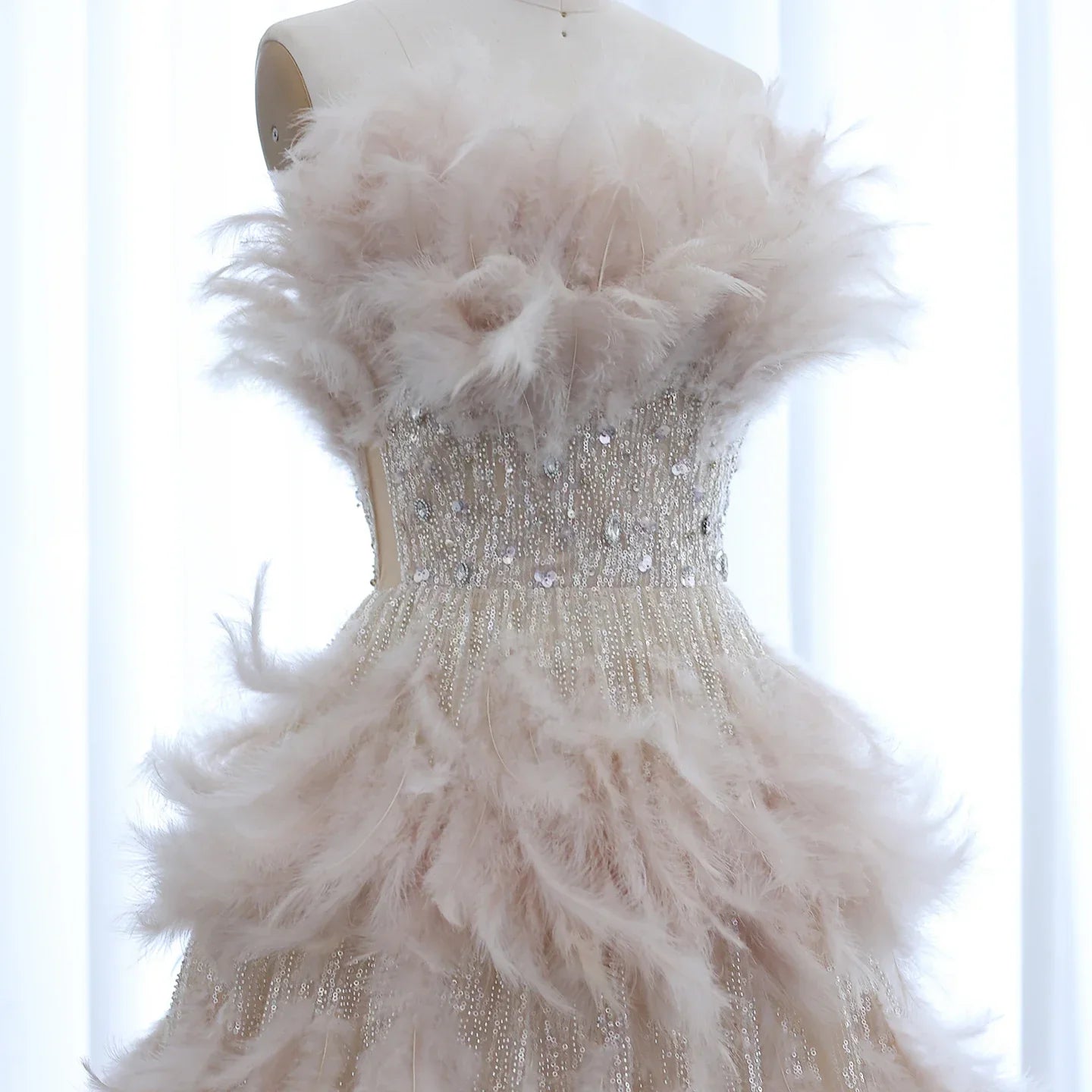 Feathers Princess Ball Gown Cream Evening Dress