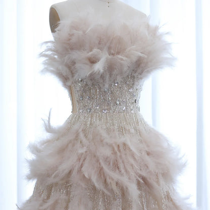 Feathers Princess Ball Gown Cream Evening Dress