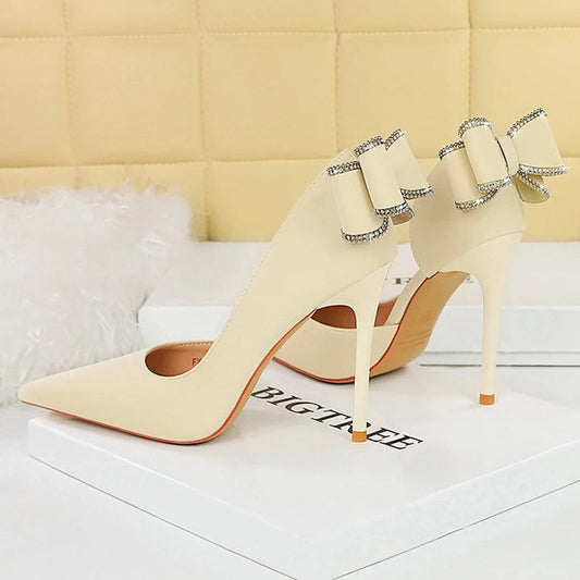Rhinestone Back Bowknot High Heels Women Pumps in Silks and Satins