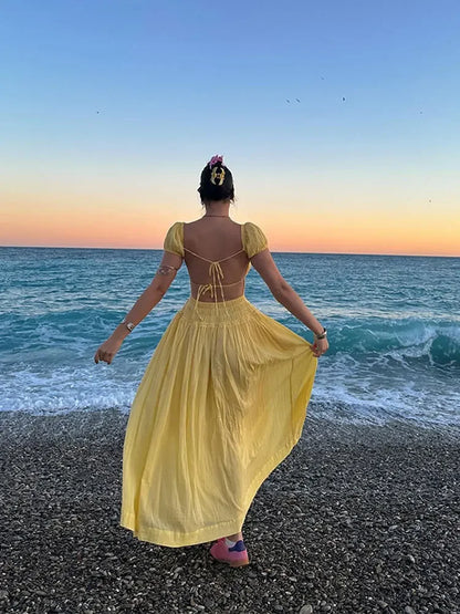 Summer Vacation Elegant Backless Square Neck Long Dress Sexy Lace Up High Waist Slim Dresses Lady Holiday Beachwear
