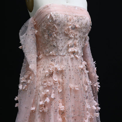3D Flowers Strapless Evening Dress with Long Sleeves