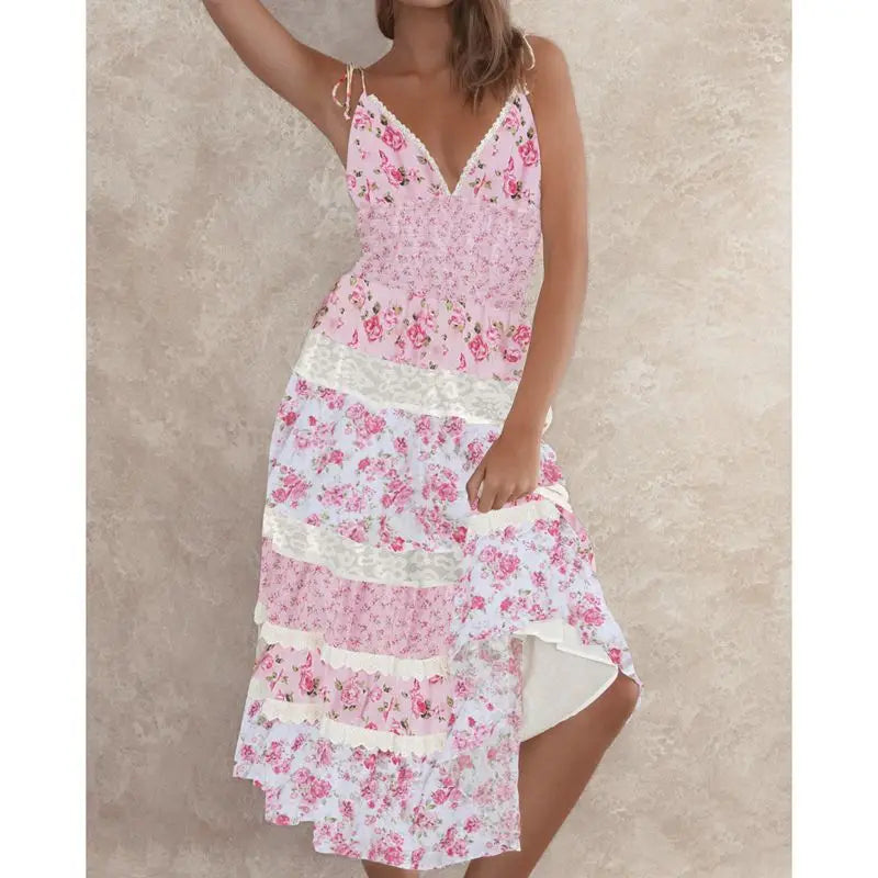 Lace Trim V-Neck Floral Vacation Dress