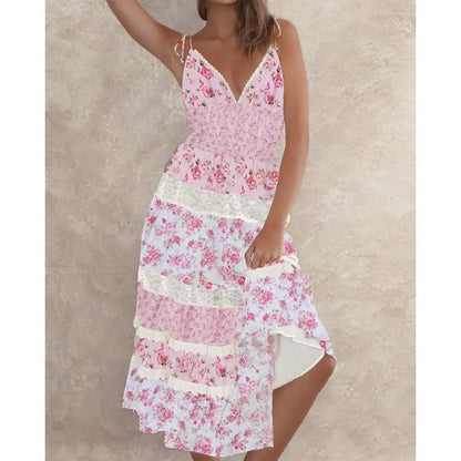 Lace Trim V-Neck Floral Vacation Dress
