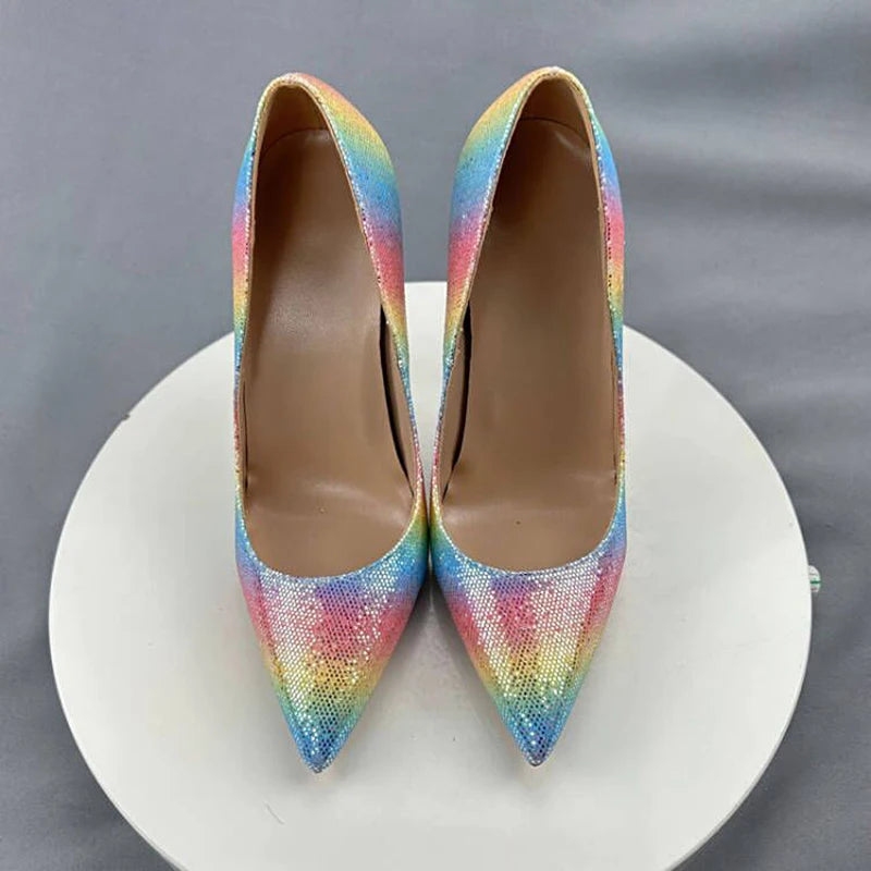 Colorful Rainbow Stiletto Pumps Women Sexy Pointed Toe 12cm High Heels
