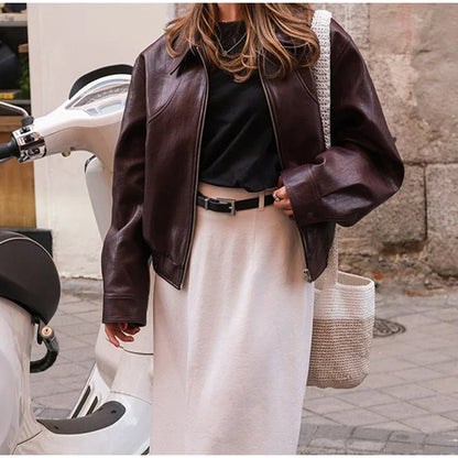 PU Leather Women Jackets Coats Casual Turn Down Collar Long Sleeve Zipper Female Motorcycle Top Coat Autumn Vintage Outwear