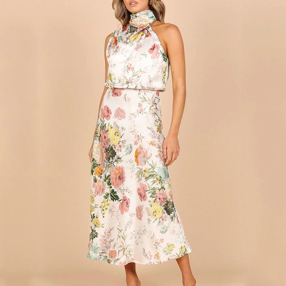 Floral Print Halter Draped Neck Bias Cut Midi Dress
