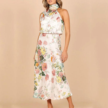 Floral Print Halter Draped Neck Bias Cut Midi Dress