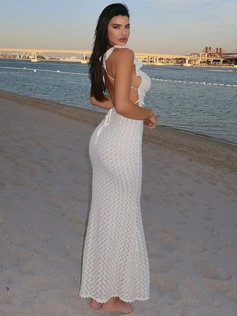 Deep V Neck Sleeveless High Waist Long Knitted Dress