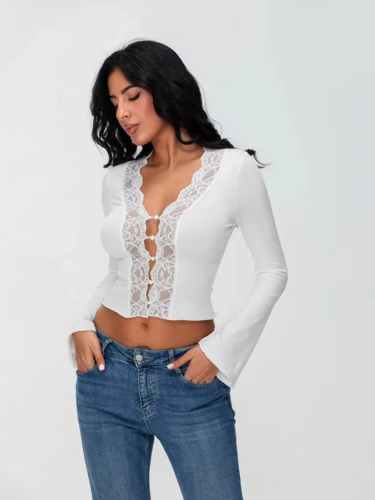 Lace Trim Long Sleeve V-neck Button Blouse