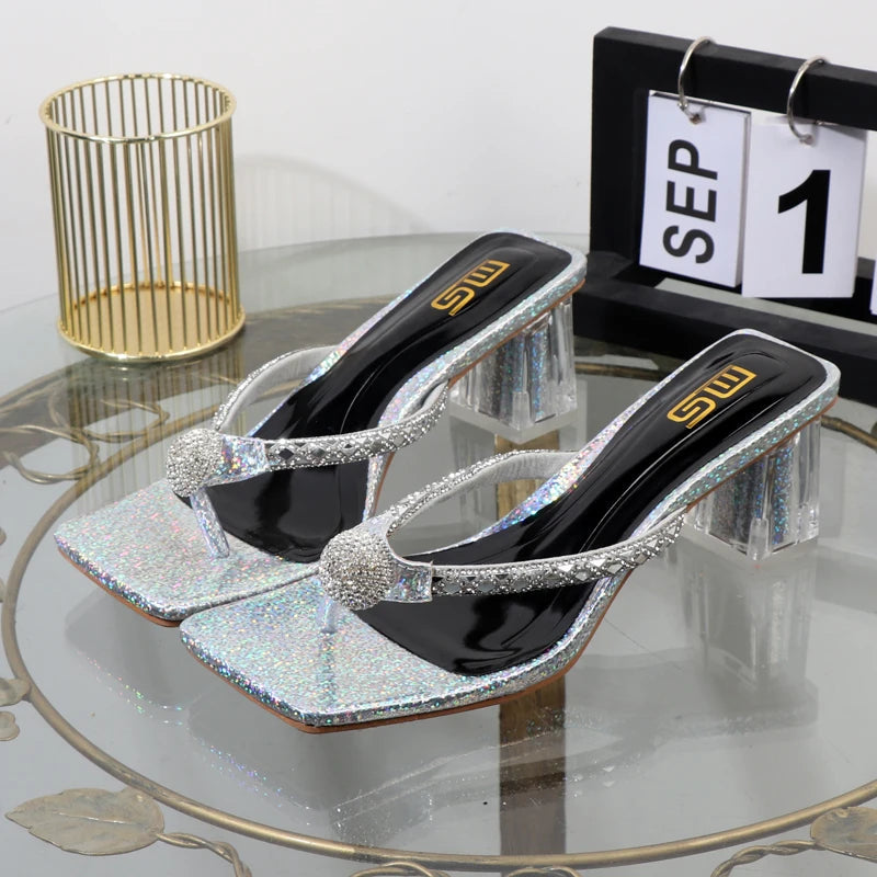 Women's Rhinestone Square Toe Flip Flops with Transparent Thick Heel