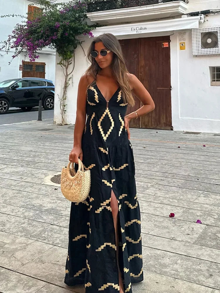Geometric Zigzag Print Backless Spaghetti Strap Tiered Maxi Dress