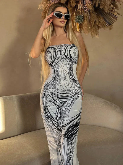 Stripe Backless Tube Bodycon Midi Dress