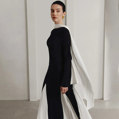 Ribbon Patchwork Pleated Long Dress