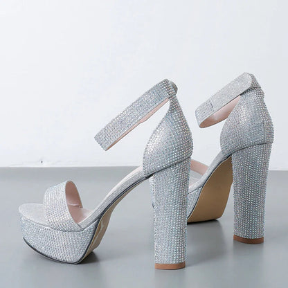 Silver Rhinestone Platform Sandals with Ankle Strap and Square High Heels for Summer