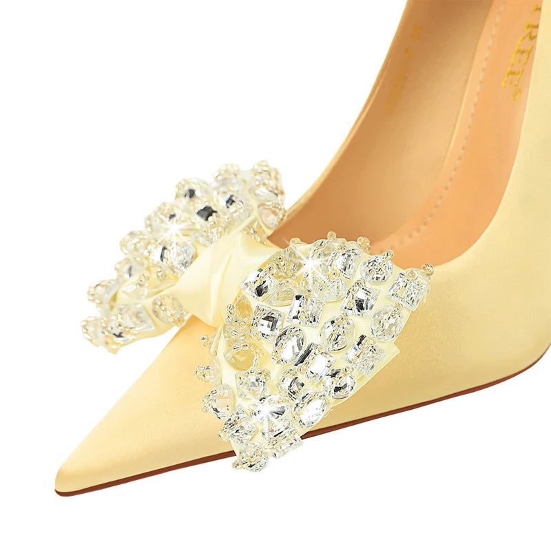 Rhinestone Bow Knot Women Pumps in Large Size 43 for Luxury Banquets