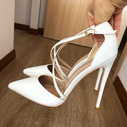White Glossy Patent Cross Strap Stiletto Pumps for Women