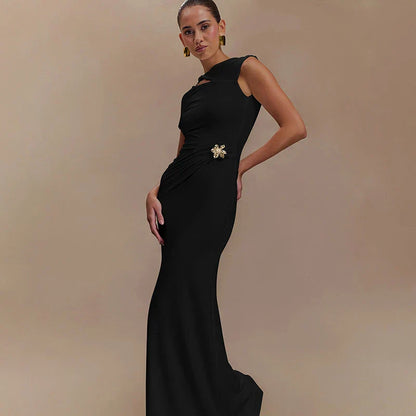Hollow Out Metal Buckle Solid Short Sleeve Long Dress