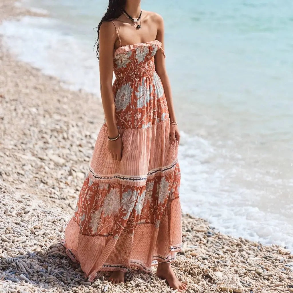 Smocked Floral Spaghetti Slip Vacation Dress